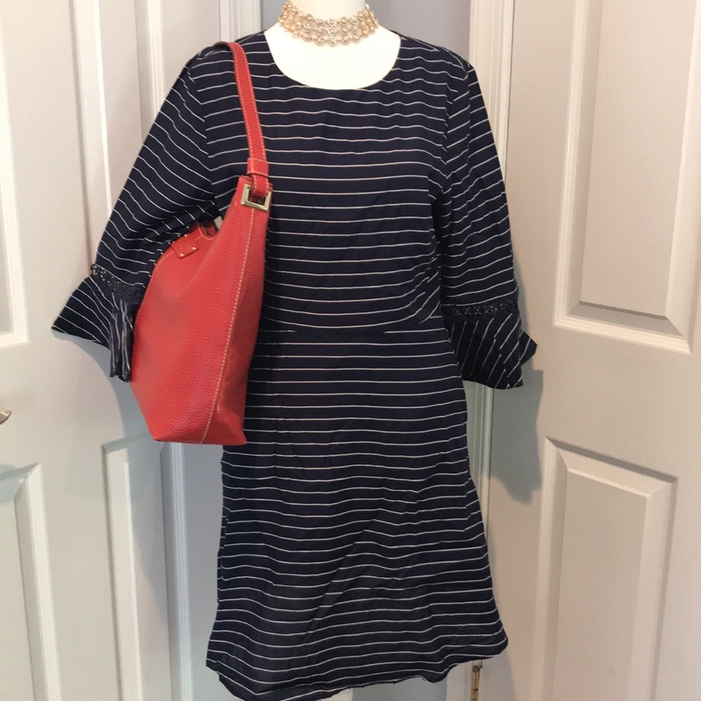 Navy Bell-Sleeved Striped Dress